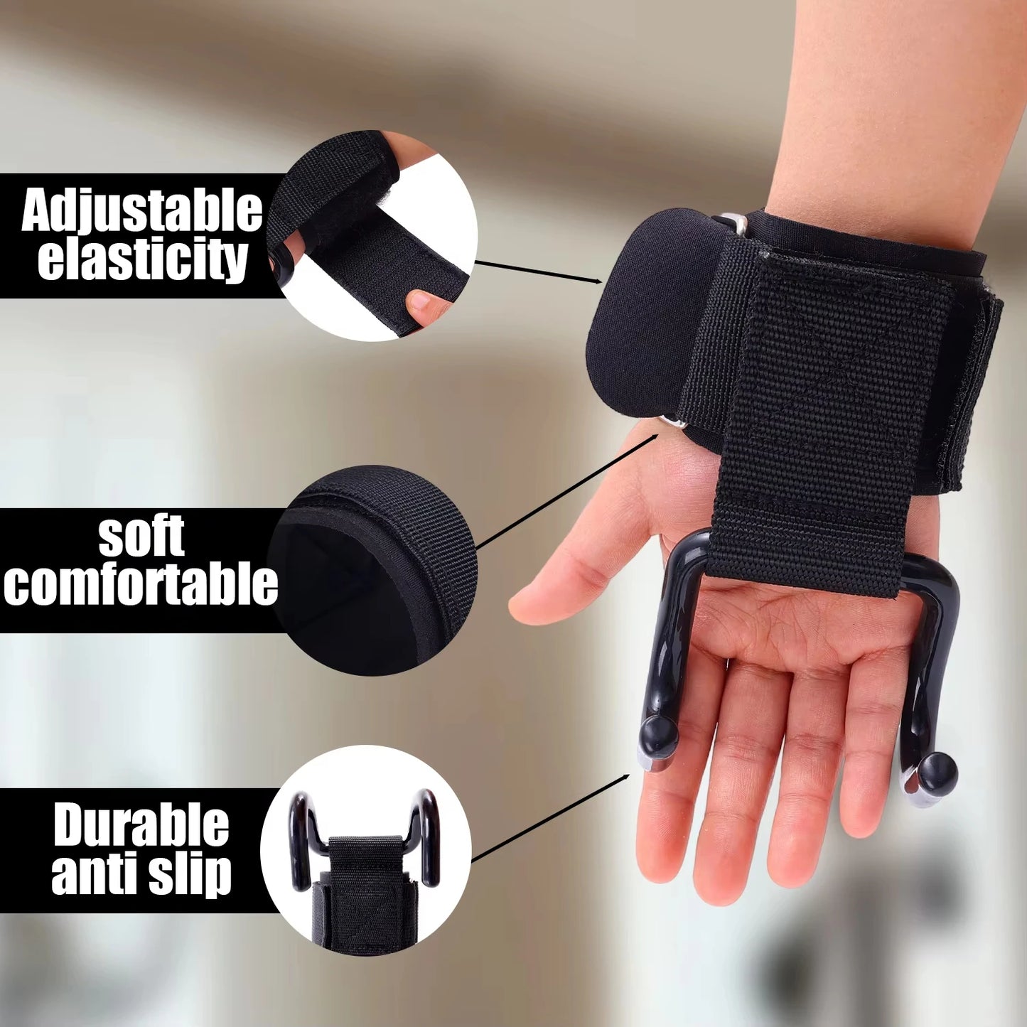Weight Lifting Hook Grips with Wrist Wrap Support